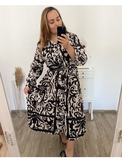 Šaty košilové s páskem dlouhý rukáv dámské nadrozměr (XL/2XL/3XLONE SIZE) ITALSKÁ MÓDA IMWEC23MAJA-1/DU (Velikost XL/2XL, Barva béžová)
