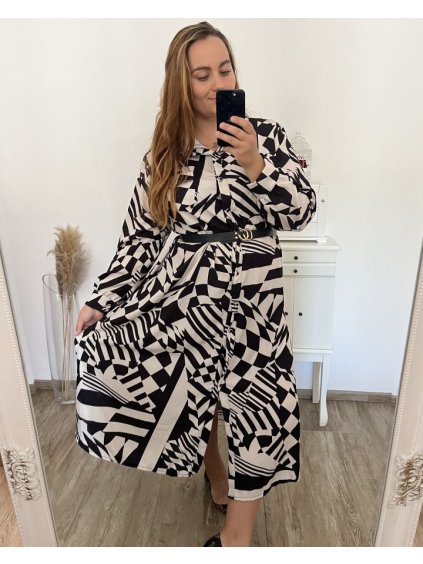 Šaty košilové s páskem dlouhý rukáv dámské nadrozměr (XL/2XL/3XLONE SIZE) ITALSKÁ MÓDA IMWEC23MAJA-2/DU (Velikost XL/2XL, Barva béžová krémová)