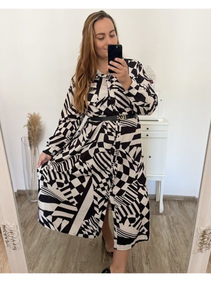Šaty košilové s páskem dlouhý rukáv dámské nadrozměr (XL/2XL/3XLONE SIZE) ITALSKÁ MÓDA IMWEC23MAJA-2/DU (Velikost XL/2XL, Barva béžová krémová)