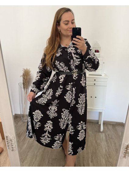 Šaty košilové s páskem dlouhý rukáv dámské nadrozměr (XL/2XL/3XLONE SIZE) ITALSKÁ MÓDA IMWEC23MAJA-4/DU (Velikost XL/2XL, Barva Černá)