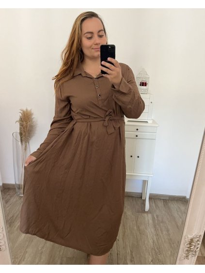 Šaty dlouhé s páskem dlouhý rukáv dámské nadrozměr (2XL3XL ONE SIZE) ITALSKÁ MÓDA IMWEC23MARINA/DU (Velikost 2XL/3XL, Barva hnědá)