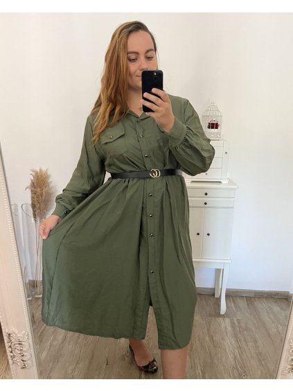Šaty dlouhé s páskem dlouhý rukáv dámské nadrozměr (2XL/3XLONE SIZE) ITALSKÁ MÓDA IMWEC23KNOB/DU (Velikost 2XL/3XL, Barva hnědá)