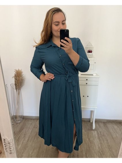 Šaty dlouhé s páskem dlouhý rukáv dámské nadrozměr (XL/2XL ONE SIZE) ITALSKÁ MÓDA IMWEC23MILANO/DU (Velikost XL/2XL, Barva modrá petrolejová)