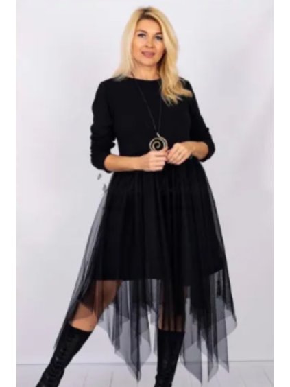 Šaty s tylovou sukní dlouhý rukáv dámské (S/M ONE SIZE) ITALSKÁ MÓDA IMPLI2320701/DU (Velikost S/M/L, Barva Černá)