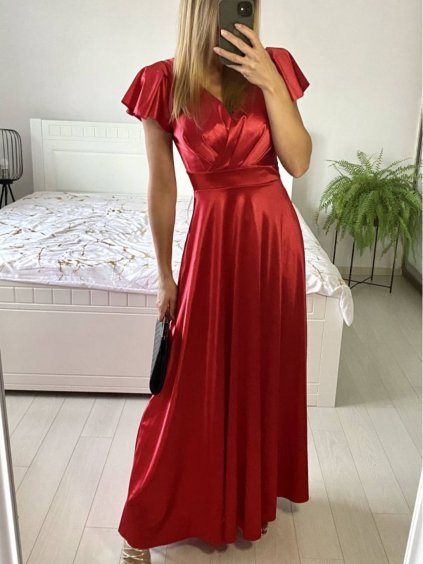 Šaty dlouhé společenské saten krátký rukáv dámské (S/M ONE SIZE) ITALSKá MODA IM323125/DU (Velikost S/M/L, Barva béžová)