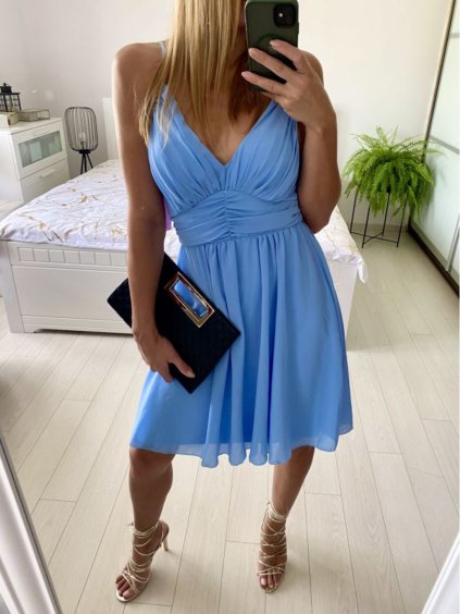 Šaty společenské na ramínka dámské (S/M ONE SIZE) ITALSKÁ MÓDA IMPBB23A10989/DU (Velikost S/M/L, Barva světle modrá)