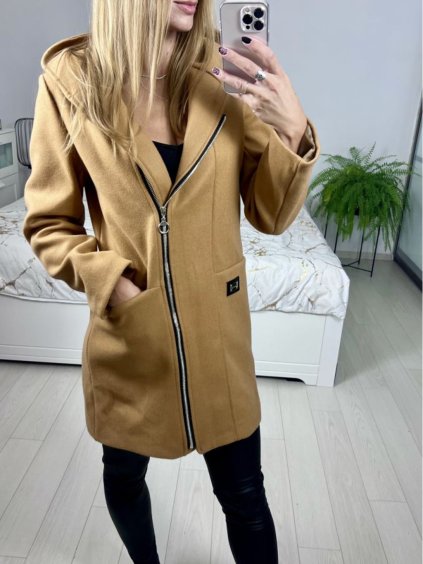 Kabát na zip s kapucí dlouhý rukáv dámský (S-3XL) ITALSKÁ MÓDA IMT22023/DU (Velikost S, Barva Černá)