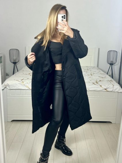Kabát zimní s beránkem dlouhý rukáv dámský (S/M/L ONE SIZE) ITALSKÁ MÓDA IMD23010/DU (Velikost M/L, Barva Černá)