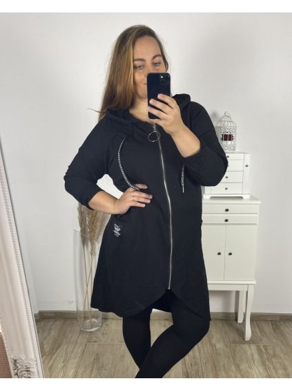 Mikina dlouhá oversize na zip s kapucí dlouhý rukáv dámská nadrozměr (2XL/3XL/4XL ONE SIZE) ITALSKÁ MÓDA IM423574/DU (Velikost 2XL/3XL, Barva Černá)