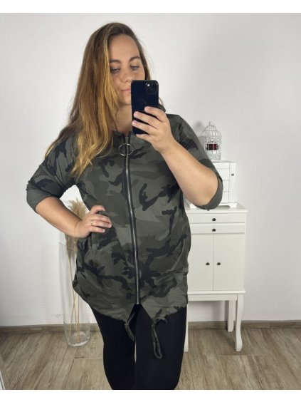 Mikina maskáčová na zip s kapucí dlouhý rukáv dámská nadrozměr (3XL/4XL ONE SIZE) ITALSKÁ MÓDA IM423MASKAC/DU (Velikost 3XL/4XL, Barva maskáčová)