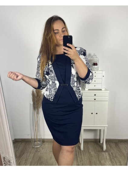 Šaty elegantní společenské krátký rukáv dámské nadrozměr (44-56) POLSKÁ MÓDA PMF23MADEIRA/DU (Velikost 44, Barva modrá)