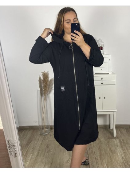 Šaty mikinové/mikina prodloužená na zip s kapucí dlouhý rukáv dámské nadrozměr (2XL/3XL ONE SIZE) ITALSKÁ MÓDA IMD23587/DU (Velikost 2XL/3XL, Barva Černá)