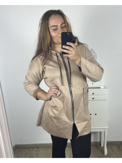 Kabátek s kapucí na zip dlouhý rukáv dámský nadrozměr (2XL/3XLONE SIZE) ITALSKÁ MODA IM423MIRANDA/DU (Velikost 2XL/3XL, Barva Černá)