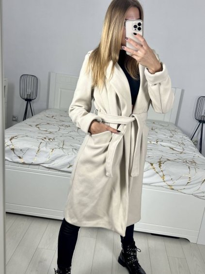Kabát flaušový s podšívkou s kapucí dlouhý rukáv dámský (S/M ONE SIZE) ITALSKÁ MÓDA IMWK233939/DUR (Velikost S/M/L, Barva béžová)