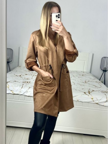 Kabát broušená koženka dámský (L/XL ONE SIZE) ITALSKÁ MÓDA IM423098/DU (Velikost L/XL, Barva béžová)