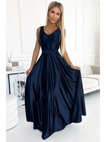 508-1 CINDY dlouhé saténové šaty s výstřihem a mašlí - tmavě modrá