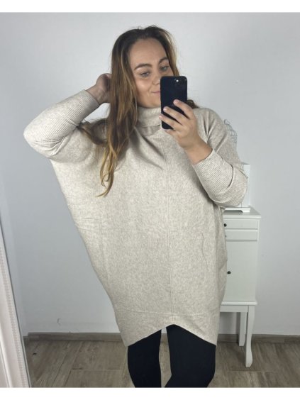 Svetr prodloužený s rolákem dlouhý rukáv dámský (4XL/5XL ONE SIZE) ITALSKÁ MÓDA IMS23RIMINI/DU (Velikost 4XL/5XL, Barva béžová)