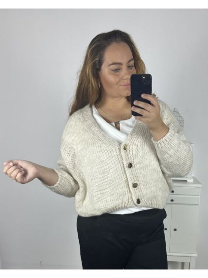 Svetr pletený oversize na knoflíčky dlouhý rukáv dámský nadrozměr Alessandra  (3XL/4XL/5XLONE SIZE) ITALSKÁ MÓDA IMWC233944/DR (Velikost 3XL/4XL, Barva béžová)