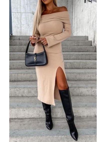 Šaty elegantní carmen dlouhý rukáv dámské (S/M ONE SIZE) ITALSKÁ MÓDA IMWMY233807/DU (Velikost S/M/L, Barva béžová)
