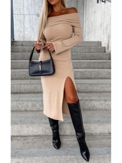 Šaty elegantní carmen dlouhý rukáv dámské (S/M ONE SIZE) ITALSKÁ MÓDA IMWMY233807/DU