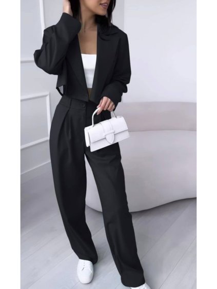 Souprava/komplet elegantní kalhoty dlouhé a sako dlouhý rukáv dámská (S/M ONE SIZE) ITALSKÁ MÓDA IMD23204/DU (Velikost S/M/L, Barva Černá)