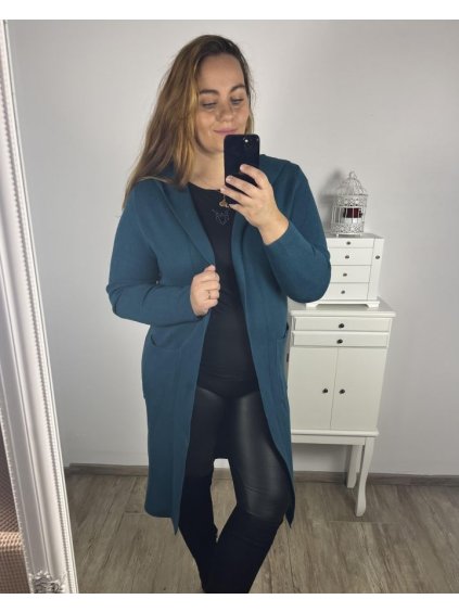 Cardigan dlouhý dlouhý rukáv dámský nadrozměr (2XL/3XL ONE SIZE) ITALSKÁ MÓDA IM423VIOLETTA/DU (Velikost 2XL/3XL, Barva modrá petrolejová)