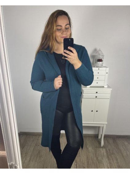 Cardigan dlouhý dlouhý rukáv dámský nadrozměr (2XL/3XL ONE SIZE) ITALSKÁ MÓDA IM423VIOLETTA/DU (Velikost 2XL/3XL, Barva modrá petrolejová)