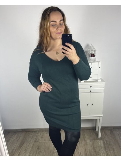 Šaty svetrové dlouhý rukáv dámské nadrozměr (XL/2XL/3XL ONE SIZE) ITALSKÁ MÓDA IM423VILETA/DU (Velikost 2XL/3XL, Barva zelená smaragdová)
