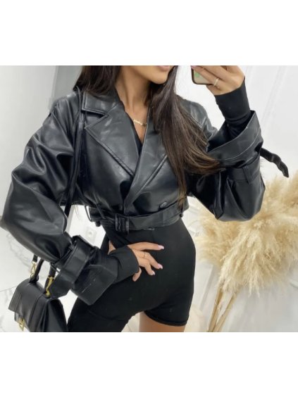 Bunda koženková dlouhý rukáv dámská (S/M ONE SIZE) ITALSKÁ MÓDA IMPBB234475Z (Velikost S/M/L, Barva Černá)