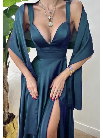 Šaty dlouhé elegantní na ramínka dámské (S/M ONE SIZE) ITALSKÁ MÓDA IMPBB23B24077 (Velikost S/M/L, Barva modrá petrolejová)