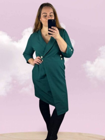 Šaty elegantní  dlouhý rukáv dámské  (42,44,46,48,50) POLSKÁ MÓDA PMWHB23003-2/DU (Velikost 48, Barva zelená smaragdová)