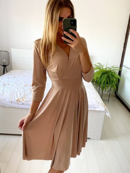Šaty elegantní dlouhý rukáv dámská (S/M ONE SIZE) ITALSKÁ MÓDA IMM23M6062/DU (Velikost S/M/L, Barva béžová)
