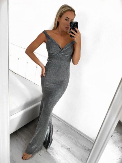 Šaty extra dlouhé elegantní společenské třpytivé carmen dámské (S/M ONE SIZE) ITALSKÁ MÓDA IMM22FUZZY/DU
