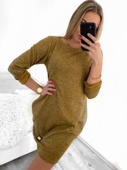 Šaty klasik teplé dlouhý rukáv dámské (L/XL ONE SIZE) ITALSKÁ MÓDA IMD23791/DU (Velikost L/XL, Barva béžová)