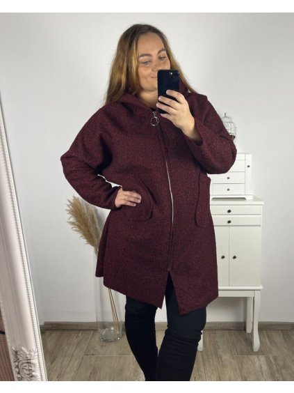 Kabát flaušový na zip s kapucí dámský nadrozměr (3XL/4XL ONE SIZE) ITALSKÁ MÓDA IM423BEETY/DU (Velikost 3XL/4XL, Barva vínová)