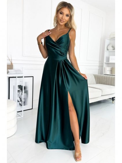 Šaty elegantní saténové maxi šaty na ramínka - zelené NMC-299-9/DU