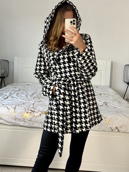 Kabát flaušový na knoflíčky s kapucí dámský (S/M/L ONE SIZE) ITALSKÁ MÓDA IM423600/DU (Velikost M/L, Barva Černo-bílá)