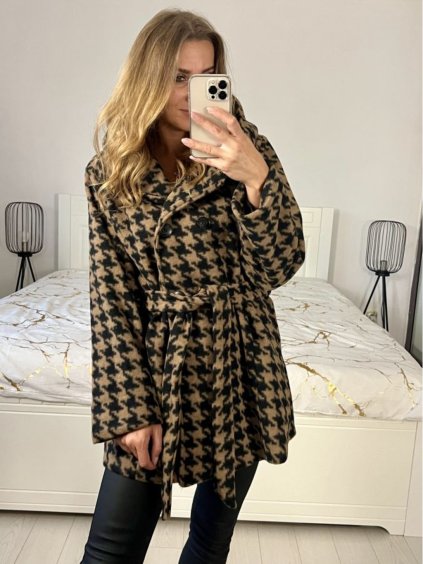 Kabát flaušový na knoflíčky s kapucí dámský (S/M/L ONE SIZE) ITALSKÁ MÓDA IM423600/DU (Velikost M/L, Barva Černo-bílá)