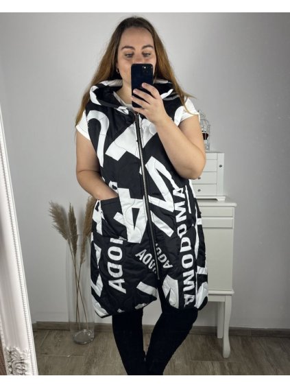 Vesta s kapucí bez rukávu dámské nadrozměr (3XL/4XL ONE SIZE) ITALSKá MóDA IM423DAINA/DU (Velikost 3XL/4XL, Barva Černá)
