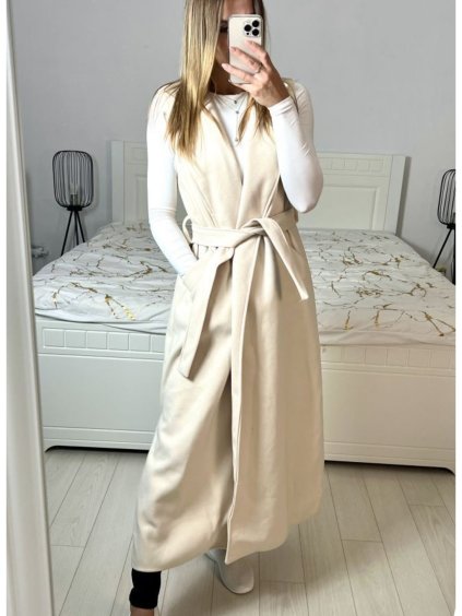Vesta flaušová dlouhá bez rukávů dámská (S/M/L ONE SIZE) ITALSKÁ MÓDA IMD23830/DU (Velikost M/L, Barva béžová)