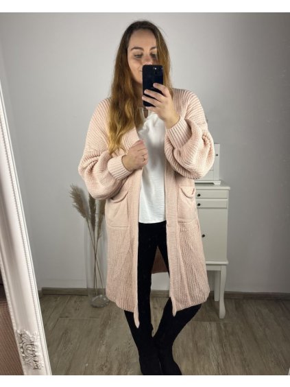 Cardigan dlouhý rukáv dámský nadrozměr (3XL/4XLONE SIZE) ITALSKÁ MÓDA IM423ETNA/DU (Velikost 3XL/4XL, Barva růžová středně)
