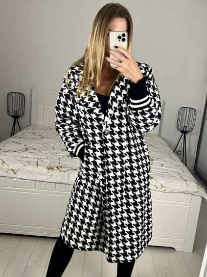 Kabát flaušový dlouhý rukáv dámský (L/XL ONE SIZE) ITALSKÁ MÓDA IMD23667/DU (Velikost L/XL, Barva Černo-bílá)
