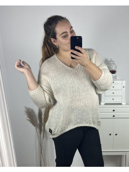 Svetr pletený oversize dlouhý rukáv dámský (2XL/3XL/4XL/5XL ONE SIZE) ITALSKÁ MÓDA IMWC233959/DU (Velikost 3XL/4XL, Barva béžová)