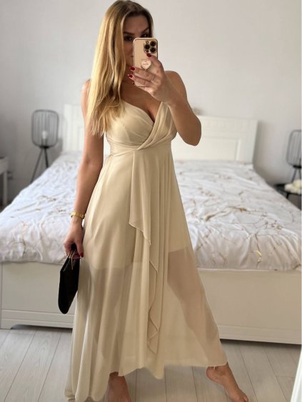 Šaty dlouhé společenské na ramínka dámské (S/M ONE SIZE) ITALSKÁ MÓDA IMPSH2380156/DUR (Velikost S/M/L, Barva béžová)