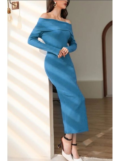 Šaty dlouhé úpletové carmen dlouhý rukáv dámské (S/M ONE SIZE) ITALSKÁ MÓDA IMPGM238825/DR (Velikost S/M/L, Barva hnědá camel)