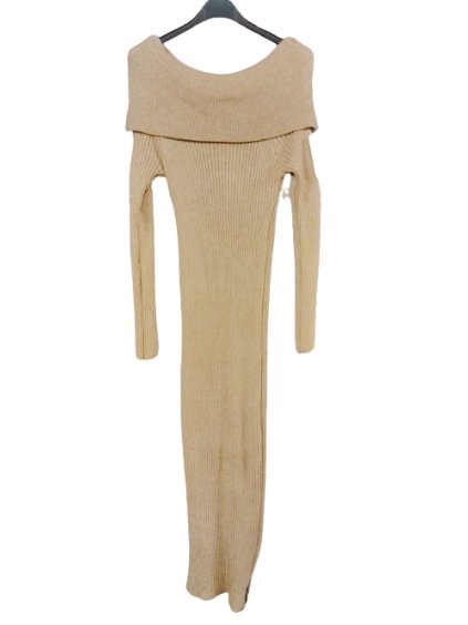 Šaty dlouhé úpletové carmen dlouhý rukáv dámské (S/M ONE SIZE) ITALSKÁ MÓDA IMPGM238825/DR (Velikost S/M/L, Barva hnědá camel)