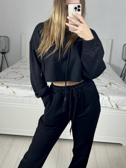 Souprava tepláky dlouhé a mikina s kapucí dlouhý rukáv dámská (S/M ONE SIZE) ITALSKÁ MÓDA IMPLP2373404020/DU (Velikost S/M/L, Barva Černá)