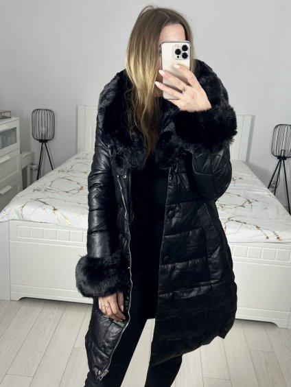 Bunda kabát koženkový s kapucí dámská (S-2XL) MET23LZ12607-2/DR (Velikost S, Barva Černá)