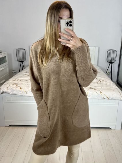 Kabát alpaka s kapucí dlouhý rukáv dámský nadrozměr (S/M/L ONE SIZE) ITALSKÁ MÓDA IMWCW23011/DU (Velikost M/L, Barva hnědá)