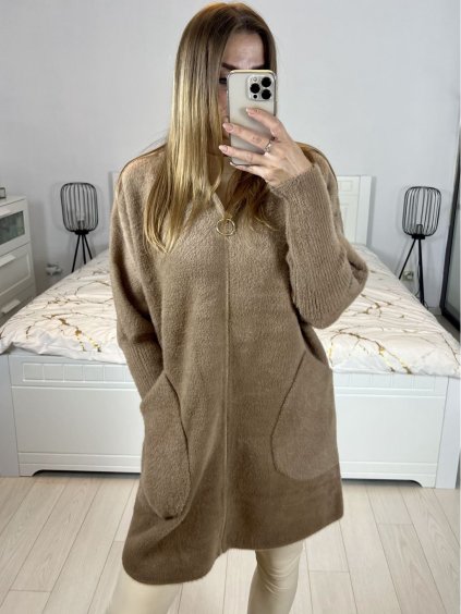 Kabát alpaka s kapucí dlouhý rukáv dámský nadrozměr (S/M/L ONE SIZE) ITALSKÁ MÓDA IMWCW23011/DU (Velikost M/L, Barva hnědá)